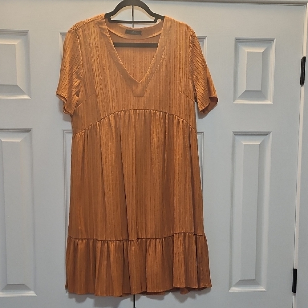 Emery Rose V-Neck Rusty Orange Tan Pleated Mini Peasant Dress Womens L EUC